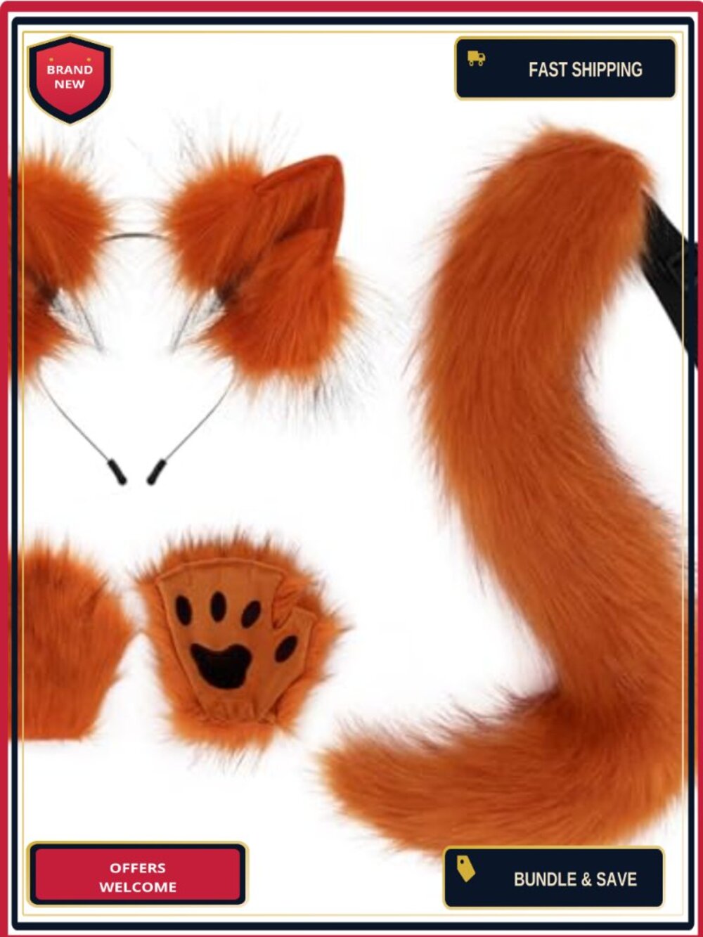 Faux Fur Wolf Ears Headband Fox Tail & Paw Gloves Costume Set